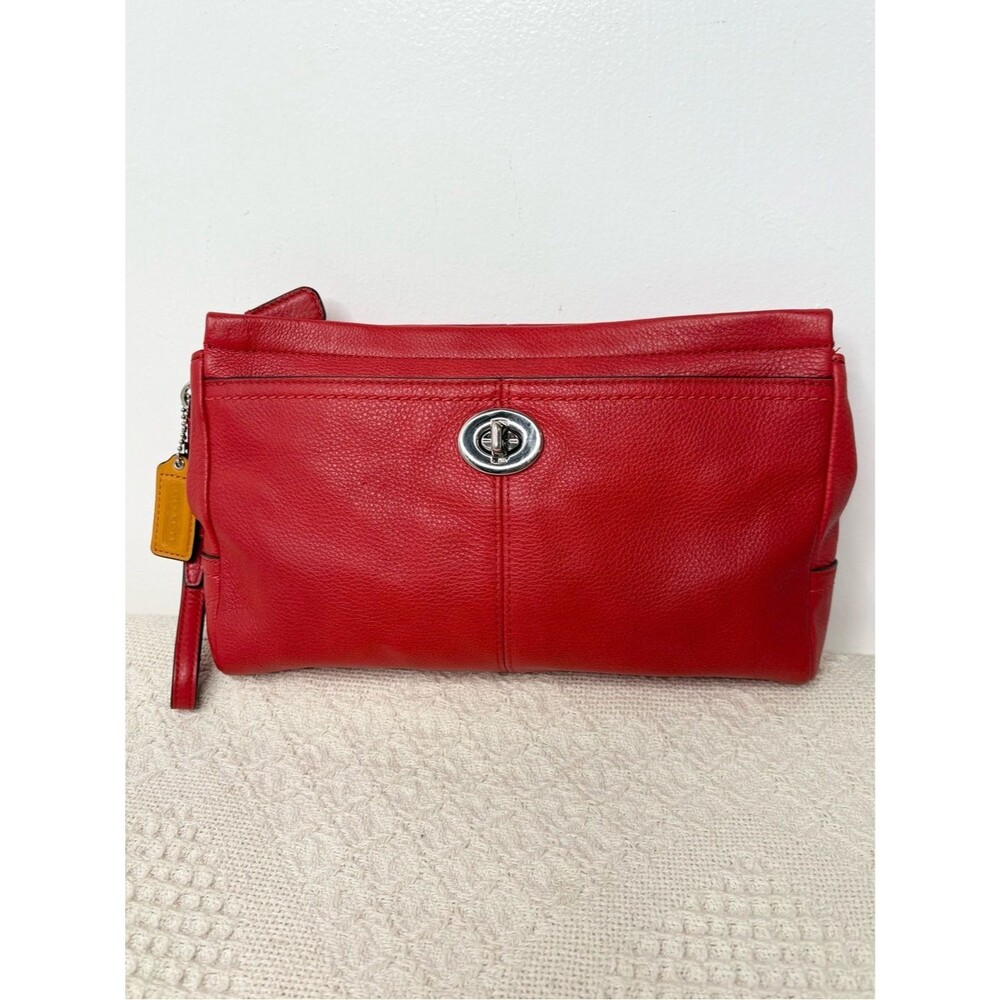 Coach Red Park Leather Large Clutch F49481 Vermillion Silver Wristlet Pouch